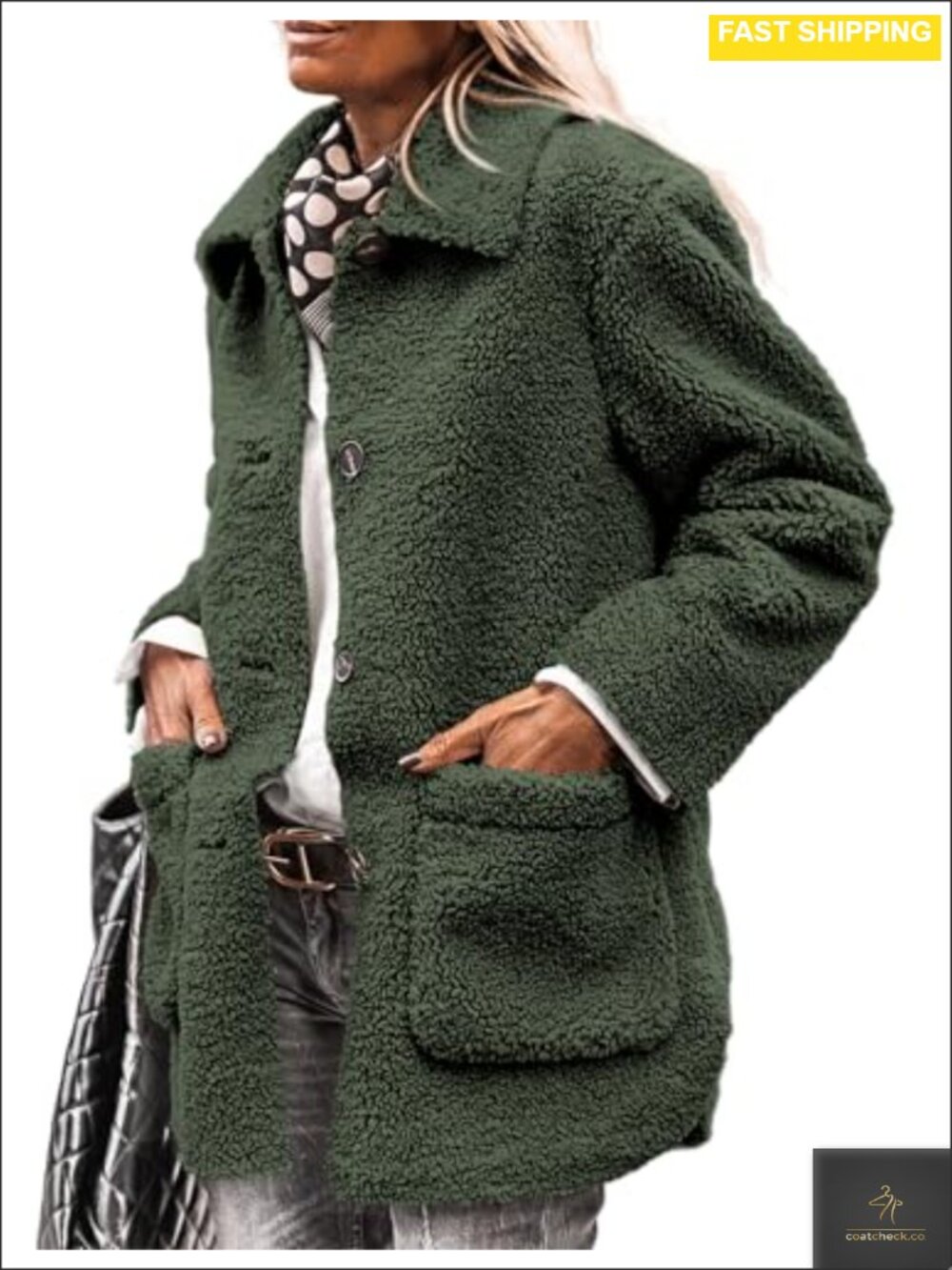 Fleece Sherpa Faux Fur Button Down Winter Coat with Pockets
